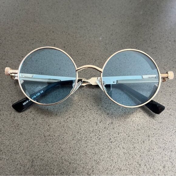 HIGH INTELLECT Round Sunglasses Retro Steampunk In Gold Frame Blue Lenses. - Picture 5 of 7